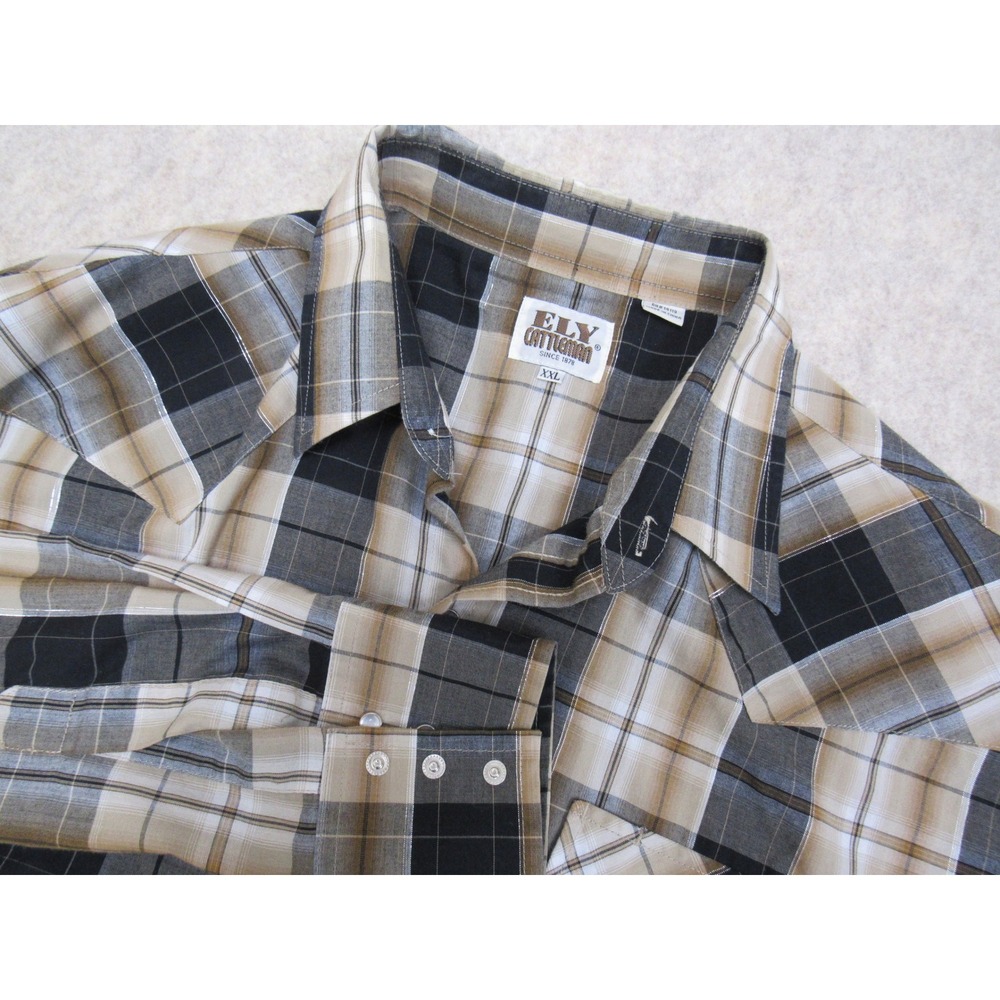 Ely Cattleman Mens XXL Western Pearl Snap Shirt Plaid Black Tan Metallic L/S
